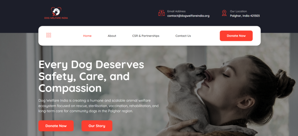 The Dog Welfare India website homepage with the message ‘Every Dog Deserves Safety, Care, and Compassion.’