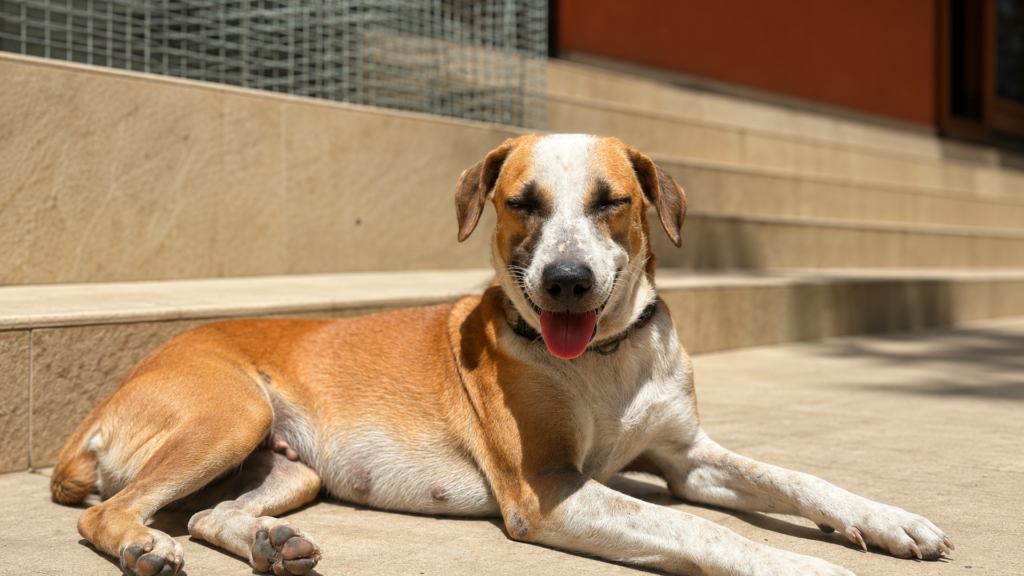 A relaxed street dog resting after treatment under the ABC programme for dogs.